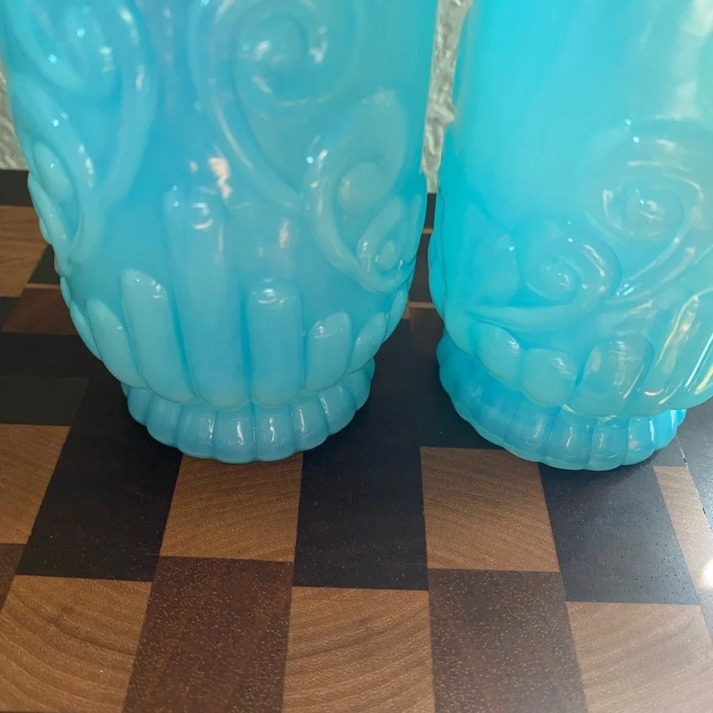 2 Vintage Avon Bristol Blue Milk Glass Embossed Art Deco Scroll Vanity Vases 5”
